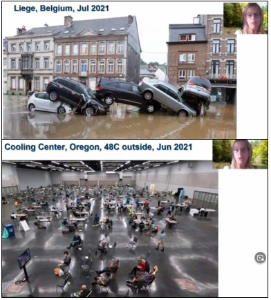 Climate scientist Diana Ürge-Vorsatz illustrated the consequences of climate change, also visually: the flood disaster in Belgium and climatised public space for cooling during a heat wave in Oregon, USA, in the summer of 2021. © Diana Ürge-Vorsatz Ürge-Vorsatz_Plenum.PNG